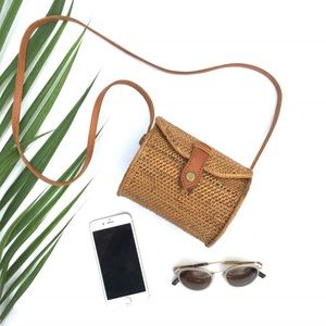 Small Cylinder Basket Bag, Round Rattan Bali Purse